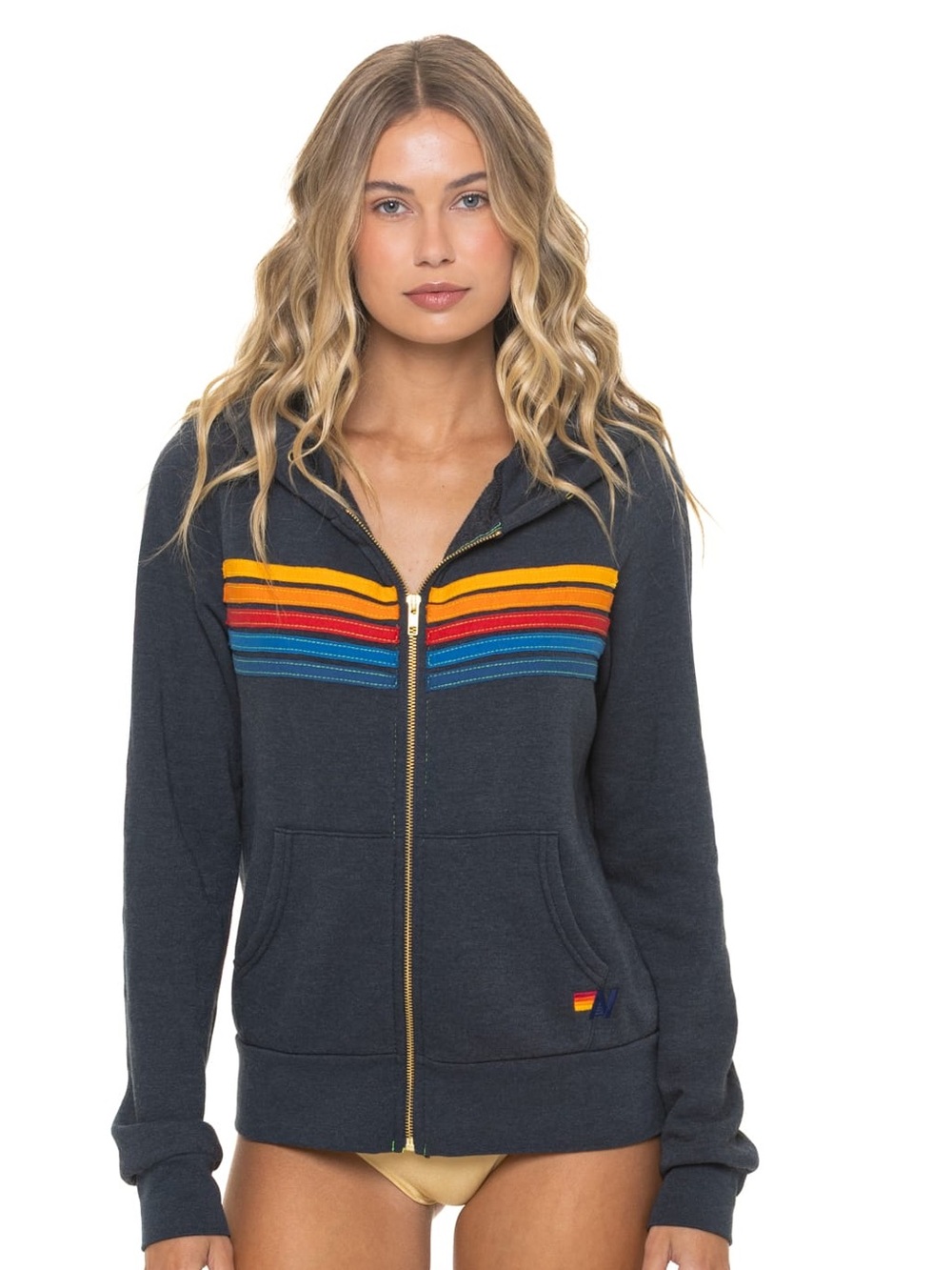 Aviator Nation Navy Zip Hoodie with Yellow, Red and Blue Stripes